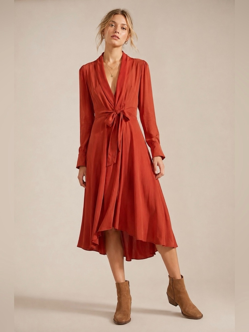 Free People Rust Tie Front High Low Maxi Dress Boho Long Sleeve XS